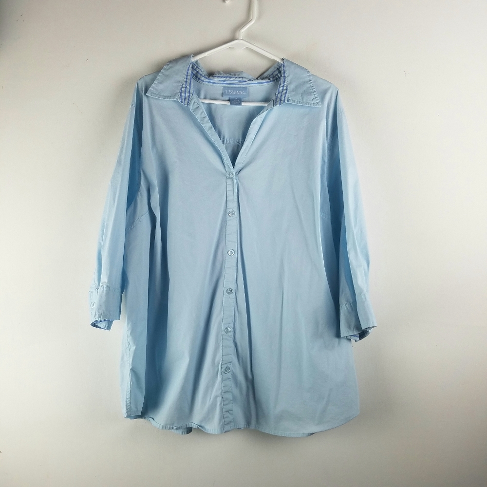 Liz & Me Top 2X  3/4 Sleeves Blue Button Up Plus